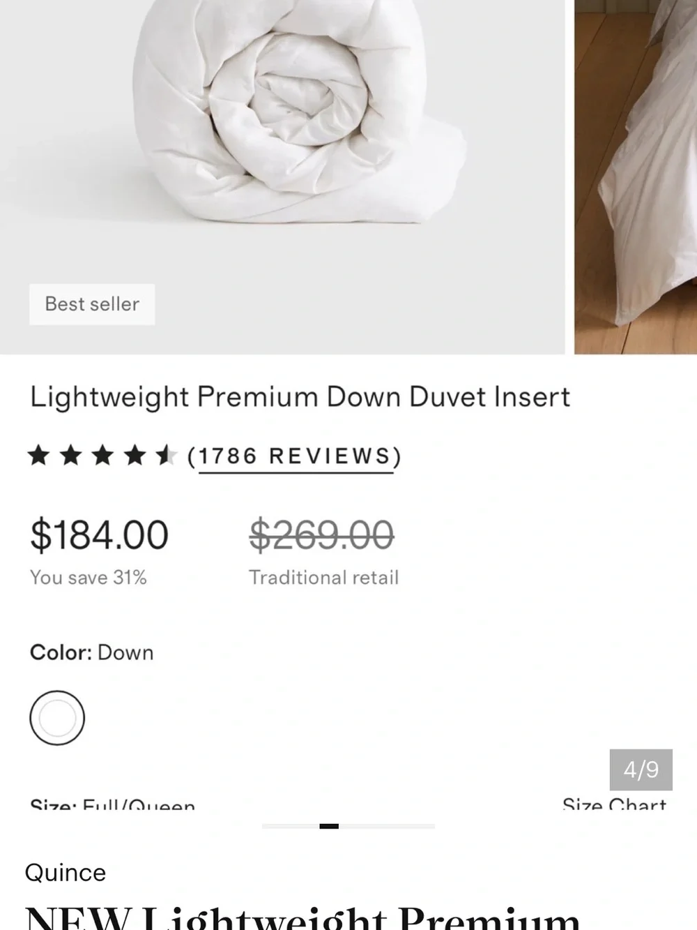 NEW! Quince Premium Down Comforter - White  9922